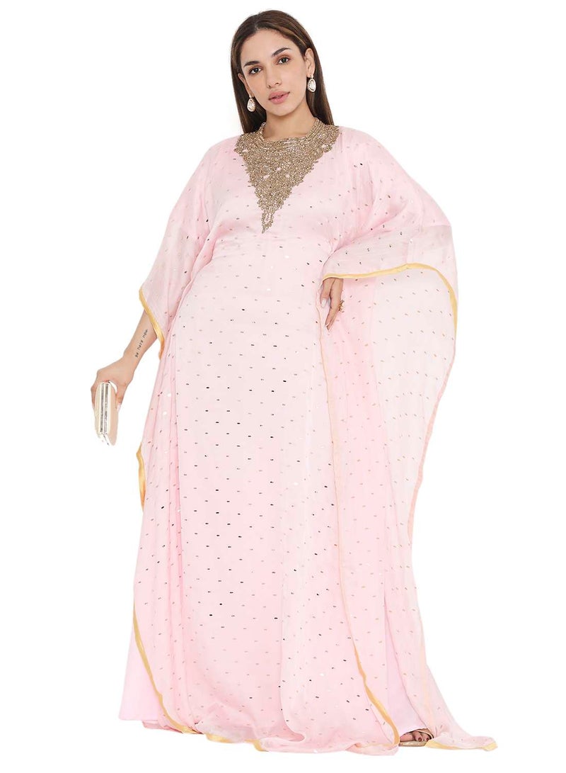 HANA & SARA ELEGANT GOLD STONE HAND BEADING STYLISH SHINY CHIFFON ARABIC KAFTAN JALABIYA DRESS  - Image 1