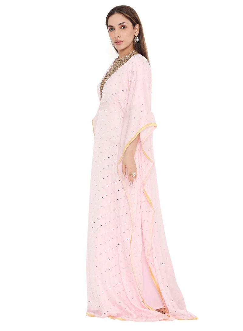 HANA & SARA ELEGANT GOLD STONE HAND BEADING STYLISH SHINY CHIFFON ARABIC KAFTAN JALABIYA DRESS  - Image 5