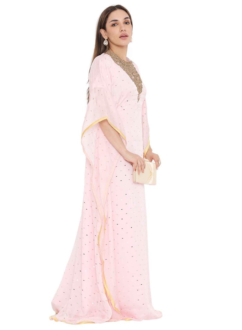HANA & SARA ELEGANT GOLD STONE HAND BEADING STYLISH SHINY CHIFFON ARABIC KAFTAN JALABIYA DRESS  - Image 4