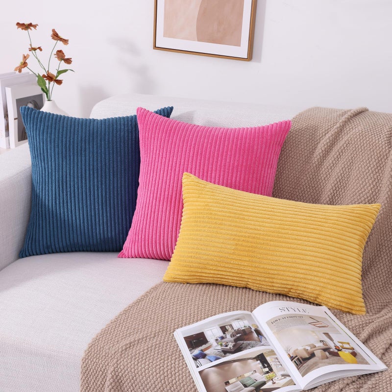 Mecatny Corduroy Decorative Throw Pillow Covers 26x26 Set of 2 for Sofa Bedroom Living Room  Stylish Soft Striped Couch Pillow Covers for Home Decor  Navy Blue - Image 5