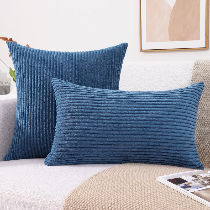 Mecatny Corduroy Decorative Throw Pillow Covers 26x26 Set of 2 for Sofa Bedroom Living Room  Stylish Soft Striped Couch Pillow Covers for Home Decor  Navy Blue - Image 2