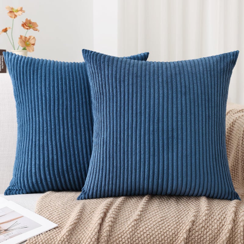 Mecatny Corduroy Decorative Throw Pillow Covers 26x26 Set of 2 for Sofa Bedroom Living Room  Stylish Soft Striped Couch Pillow Covers for Home Decor  Navy Blue - Image 1