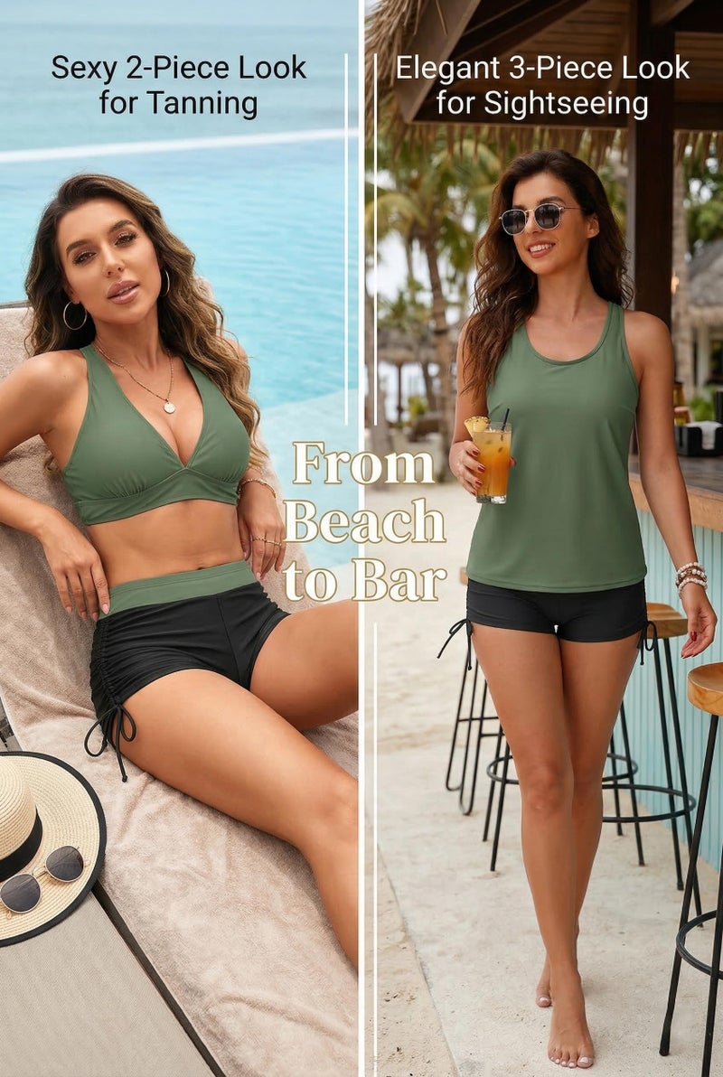 Yonique 3 Piece Tankini Swimsuits for Women Swim Tank Top Bathing Suits with Boy Shorts and Bra Athletic Swimwear Army Green L - Image 2