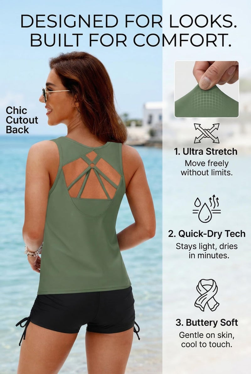 Yonique 3 Piece Tankini Swimsuits for Women Swim Tank Top Bathing Suits with Boy Shorts and Bra Athletic Swimwear Army Green L - Image 3