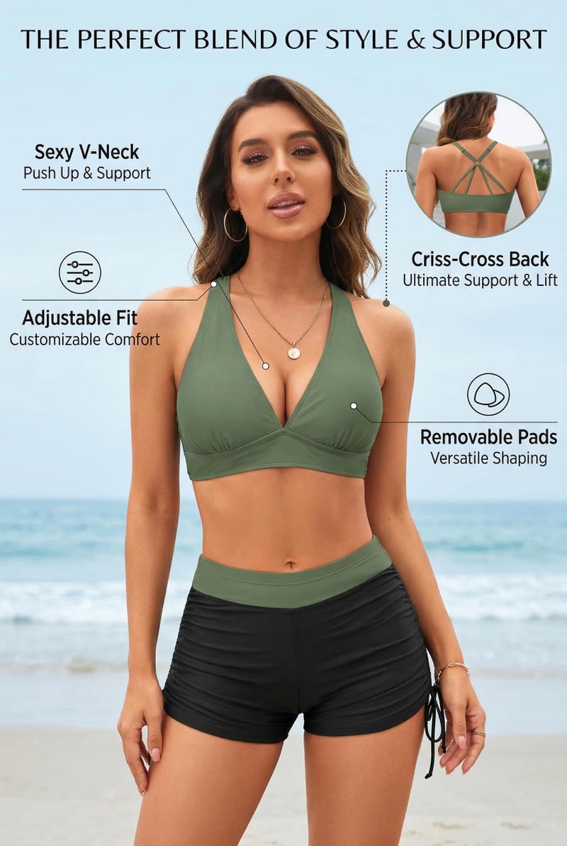 Yonique 3 Piece Tankini Swimsuits for Women Swim Tank Top Bathing Suits with Boy Shorts and Bra Athletic Swimwear Army Green L - Image 4