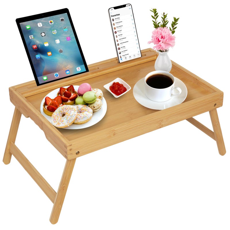 Artmeer Bed Tray Table with Handles Folding Legs,Bamboo Breakfast Food Tray with Media Slot,Use As Platter,Laptop Desk,Snack,TV Tray Kitchen Serving Tray - Image 1
