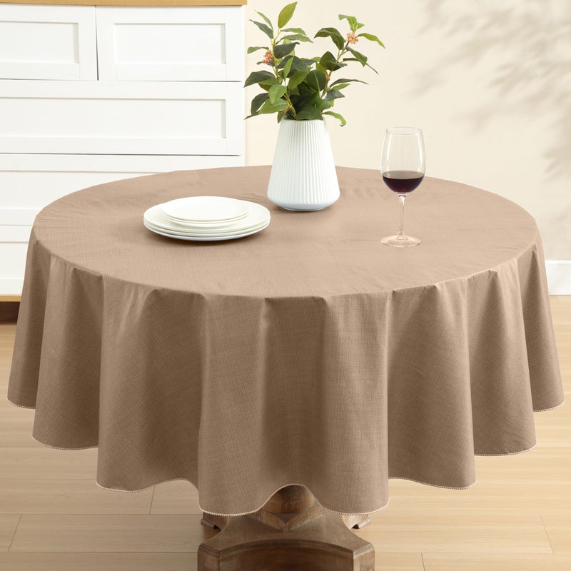 Lintex Cafe Hotel Linen Look Vinyl Flannel Backed Tablecloth Heavyweight 4 Gauge 70 Inch Round Taupe Indoor Outdoor Waterproof Wipe Clean Table Cover