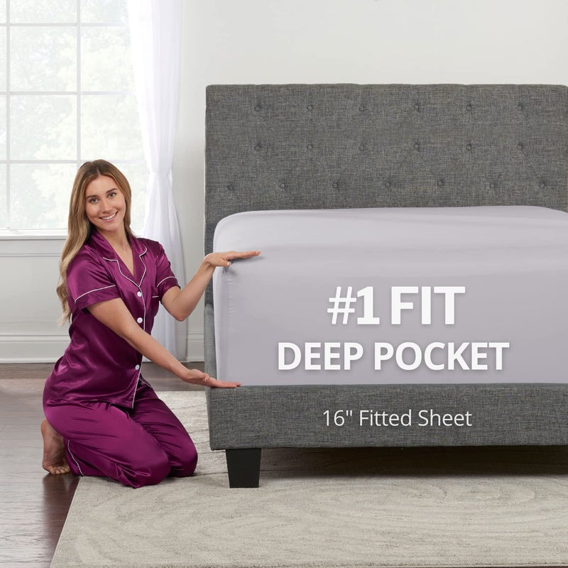 DeaLuxe Full Fitted Sheet - Deep Pocket Full Size Fitted Sheets Only Real 16  Fitted Bed Sheets Fit Perfectly 14 -18  Deep Mattress & Toppers Lovely Feel - 1 Piece Bottom Fitted Sheets Full Size Grey Lavender - Image 1