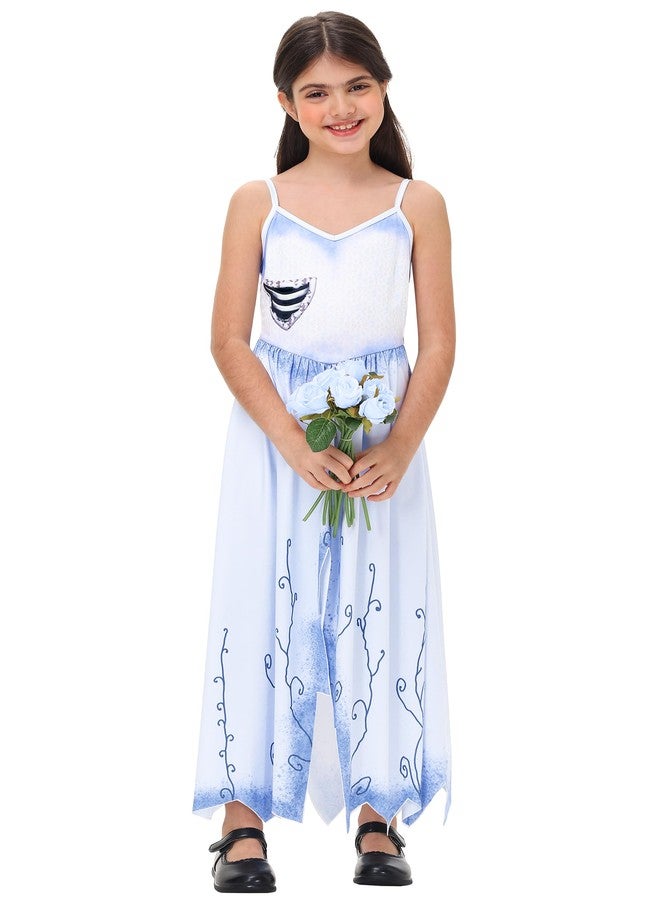 AOBUTE Girls Bride Emily Party Dresses Halloween Corpse Wedding Outfits V-Neck Sleeveless Blue Dress 9-10 Years - Image 4