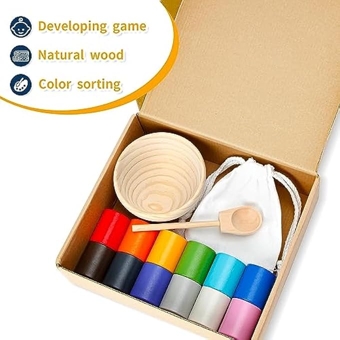 MONTESSORI TOY FROM 3 YEARS, WOODEN SORTING STACKING TOY, 12 BALLS 30 MM RAINBOW WOODEN BALLS IN CUPS, BABY TOY FOR PRESCHOOL FOR COLOUR SORTING AND COUNTING, GIFT FROM 2 3 4 5 YEARS - Image 4
