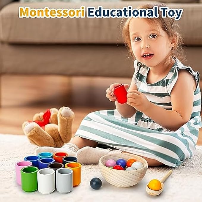 MONTESSORI TOY FROM 3 YEARS, WOODEN SORTING STACKING TOY, 12 BALLS 30 MM RAINBOW WOODEN BALLS IN CUPS, BABY TOY FOR PRESCHOOL FOR COLOUR SORTING AND COUNTING, GIFT FROM 2 3 4 5 YEARS - Image 3