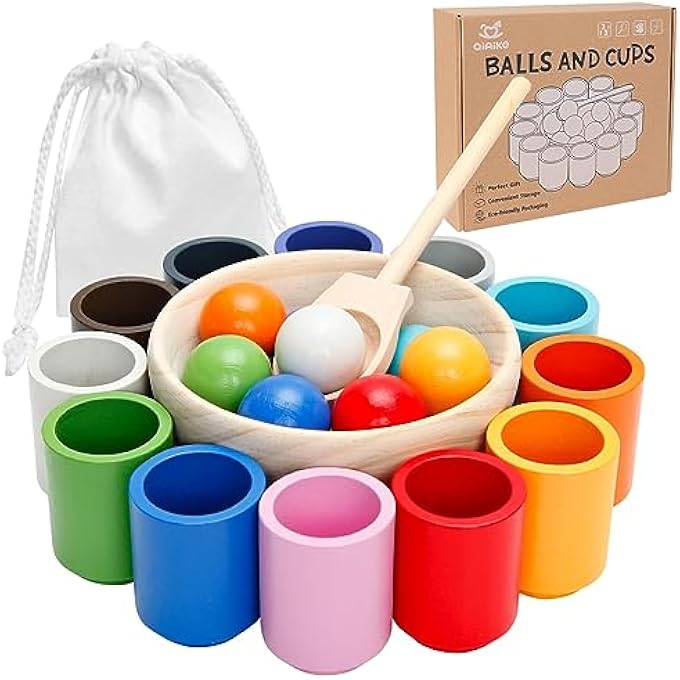 MONTESSORI TOY FROM 3 YEARS, WOODEN SORTING STACKING TOY, 12 BALLS 30 MM RAINBOW WOODEN BALLS IN CUPS, BABY TOY FOR PRESCHOOL FOR COLOUR SORTING AND COUNTING, GIFT FROM 2 3 4 5 YEARS - Image 1