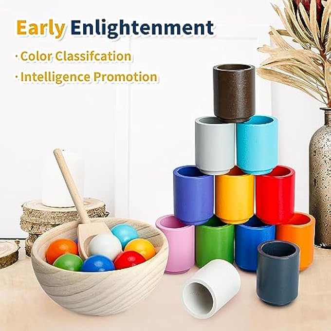 MONTESSORI TOY FROM 3 YEARS, WOODEN SORTING STACKING TOY, 12 BALLS 30 MM RAINBOW WOODEN BALLS IN CUPS, BABY TOY FOR PRESCHOOL FOR COLOUR SORTING AND COUNTING, GIFT FROM 2 3 4 5 YEARS - Image 5