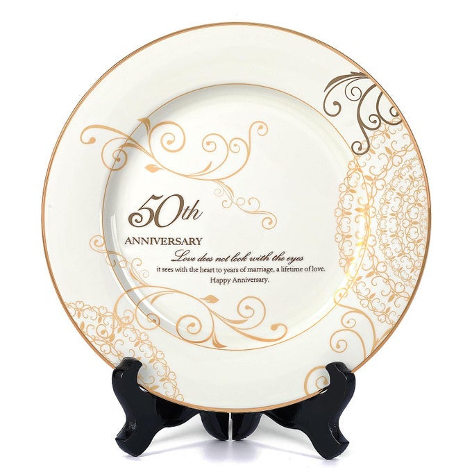 50TH ANNIVERSARY WEDDING GIFTS FOR COUPLES PARENTS 50 YEAR MARRIAGE PLATE WITH 24K GOLD FOIL GOLDEN KEEPSAKE GIFT CERAMIC 9 INCH