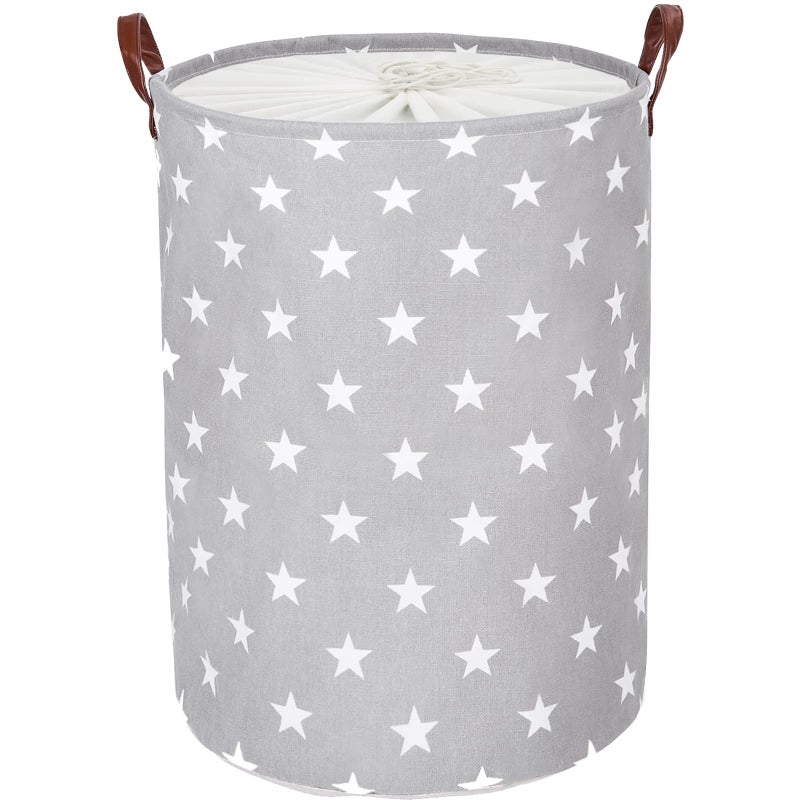 DOKEHOM 24Inches Freestanding Laundry Basket with Lid Collapsible Extra Large Drawstring Clothes Hamper Storage with Handle Grey Star XL