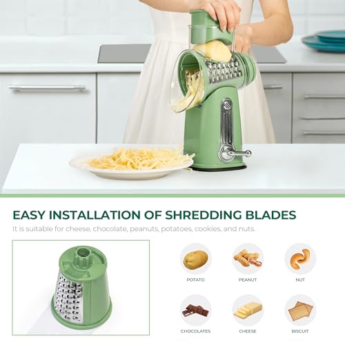 SUSTEAS Rotary Cheese Grater with Handle - Vegetable Shredder with 5 Well-designed Blades & Strong Suction Base,Round Mandoline Slicer & Food Chopper for Kitchen,with Blade Storage Box(Retro Green) - Image 5