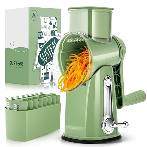 SUSTEAS Rotary Cheese Grater with Handle - Vegetable Shredder with 5 Well-designed Blades & Strong Suction Base,Round Mandoline Slicer & Food Chopper for Kitchen,with Blade Storage Box(Retro Green) - Image 1