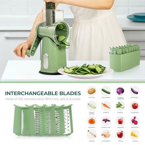 SUSTEAS Rotary Cheese Grater with Handle - Vegetable Shredder with 5 Well-designed Blades & Strong Suction Base,Round Mandoline Slicer & Food Chopper for Kitchen,with Blade Storage Box(Retro Green) - Image 3