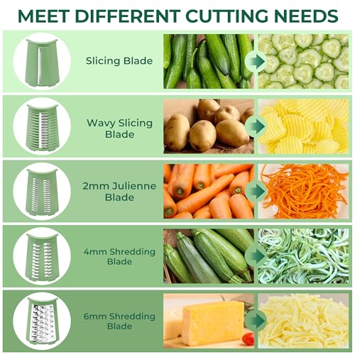 SUSTEAS Rotary Cheese Grater with Handle - Vegetable Shredder with 5 Well-designed Blades & Strong Suction Base,Round Mandoline Slicer & Food Chopper for Kitchen,with Blade Storage Box(Retro Green) - Image 4