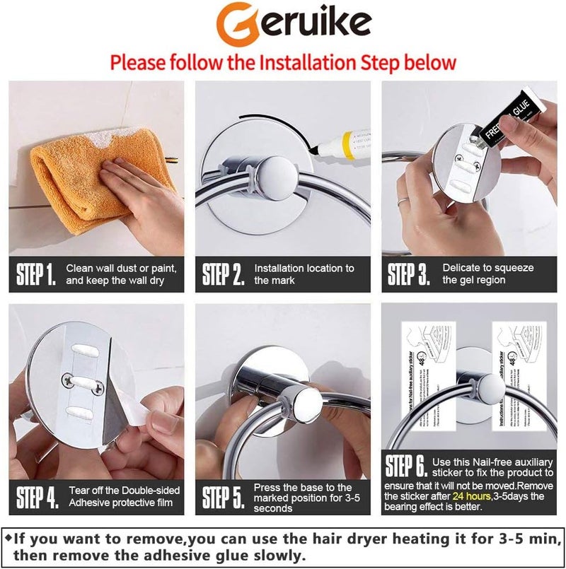 GERUIKE Adhesive Towel Ring Self Adhesive Hand Towel Ring Stainless Steel Rustproof Bathroom Towel Holder Wall Mount - Image 5