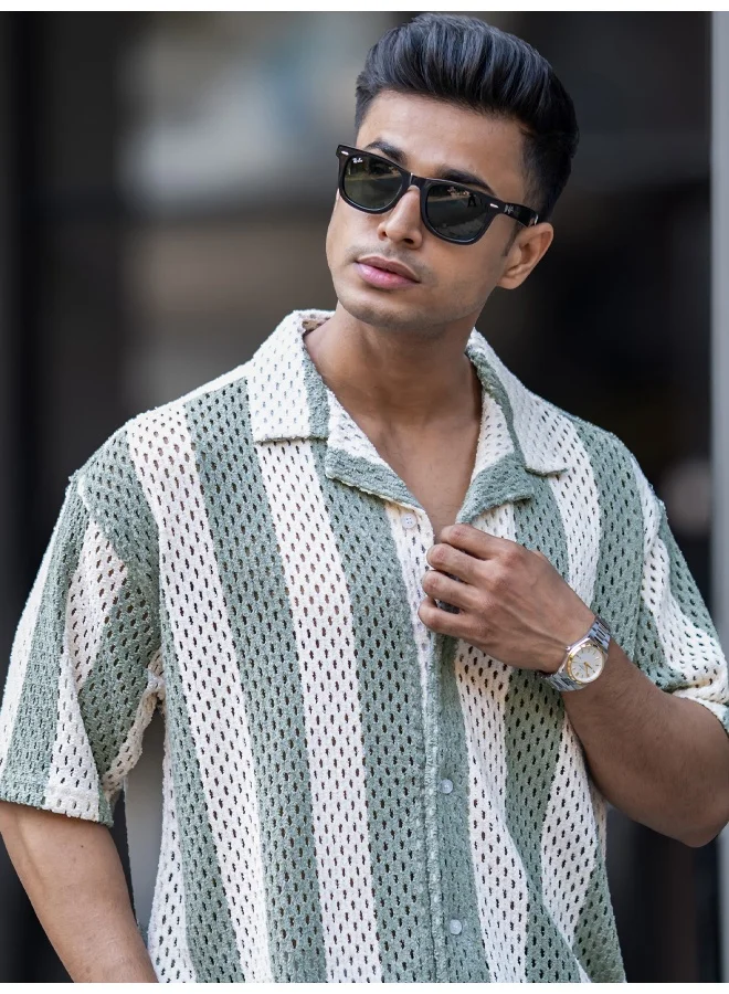 مانياك قميص رجالي مانياك قطن نصف كم أبيض وأخضر بنقوش