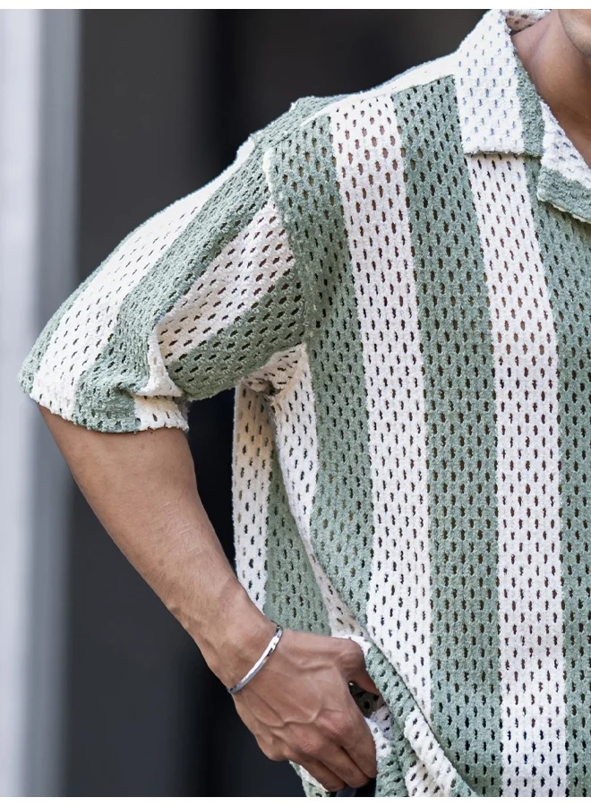 Maniac  Maniac Mens Textured Half Sleeve HalfWhite and Green Cotton Shirt for Men | Best Price UAE