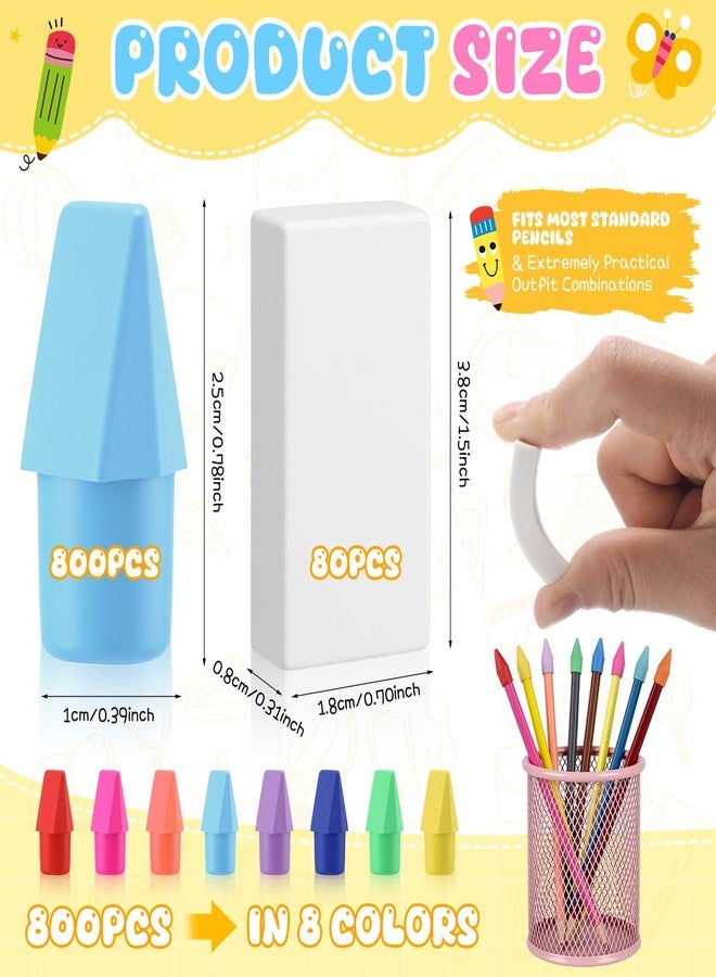 YooNotee 800+80 Pcs Pencil Top Erasers Bulk, Colorful Pencil Cap with White Erasers, Eraser Caps for Pencils, Chisel Shaped Toppers for Classroom School Office Supplies, Mix 8 Assorted Colors - Image 2