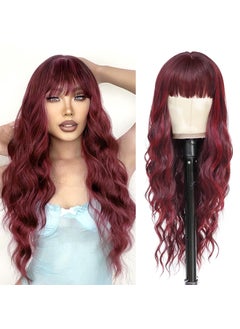 NAYOO NAYOO Long Burgundy Wigs Wine Red Wigs with Bangs for Women Curly Wavy Hair Wigs Heat Resistant Synthetic Fiber Wigs for Daily Party Use 26 Inches (Wine Red) 