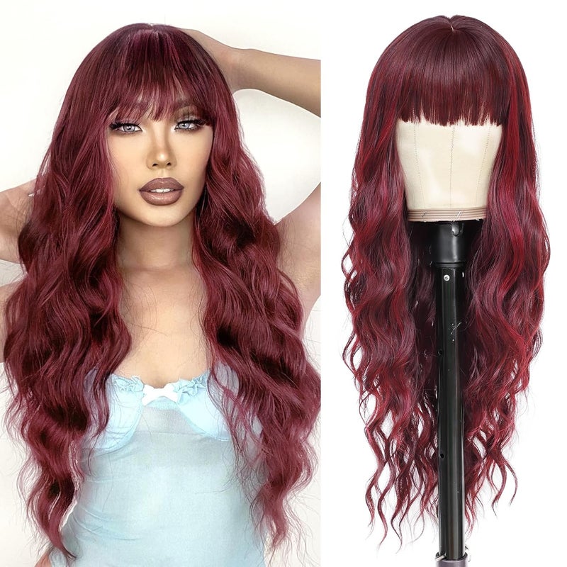 NAYOO Long Burgundy Wigs Wine Red Wigs with Bangs for Women Curly Wavy Hair Wigs Heat Resistant Synthetic Fiber Wigs for Daily Party Use 26 Inches (Wine Red)