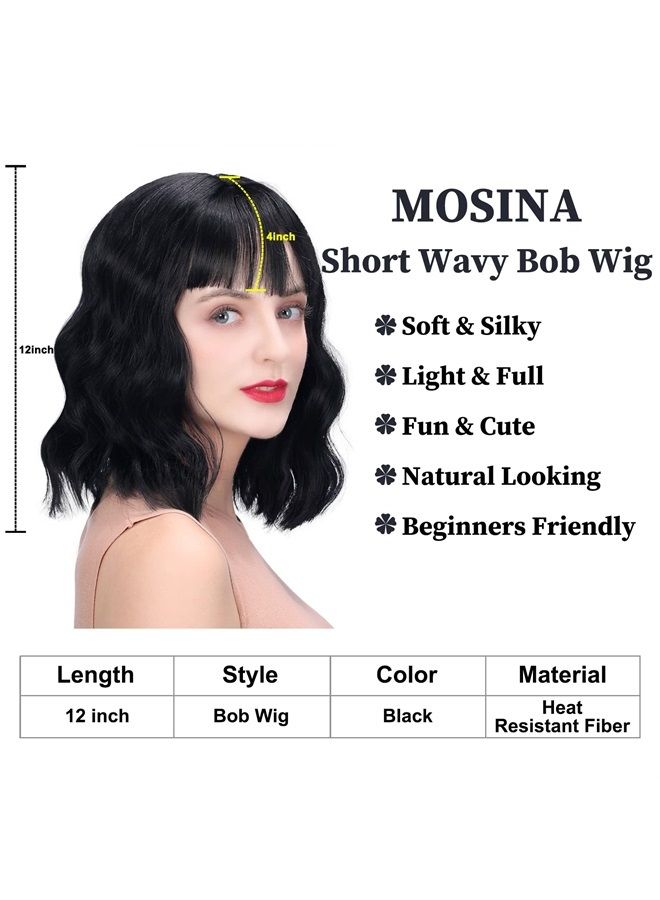 MOSINA باروكات للنساء - باروكة سوداء مع غرة للنساء، باروكة بوب قصيرة مموجة، باروكة متوسطة الطول ملونة، باروكة كوسبلاي بألوان باستيل، باروكات هالوين - Image 3