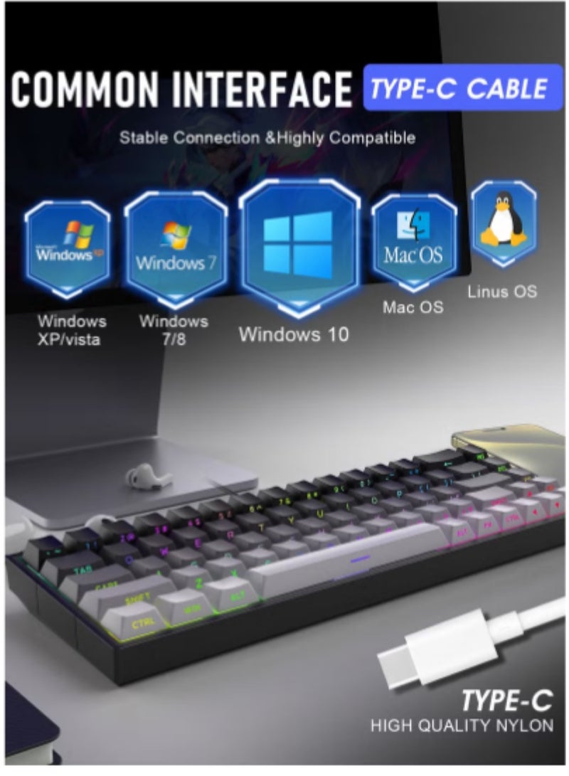 م.ا & ف'س لوحة مفاتيح ميكانيكية للألعاب 60%، صغيرة الحجم للغاية، 68 مفتاحًا مع مفاتيح حمراء، لوحة مفاتيح سلكية، مفاتيح مضادة للظلال، لأجهزة الكمبيوتر المحمولة التي تعمل بنظام Windows ولاعبي الكمبيوتر الشخصي - Image 4