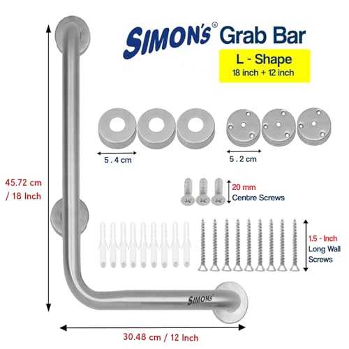 Simon's 100% Stainless Steel 304 Heavy Duty Grab bar for Bathroom handrailing and Safety Handle - 12+18 inch 90 Degree with 3 Legs L - Shape - Image 2
