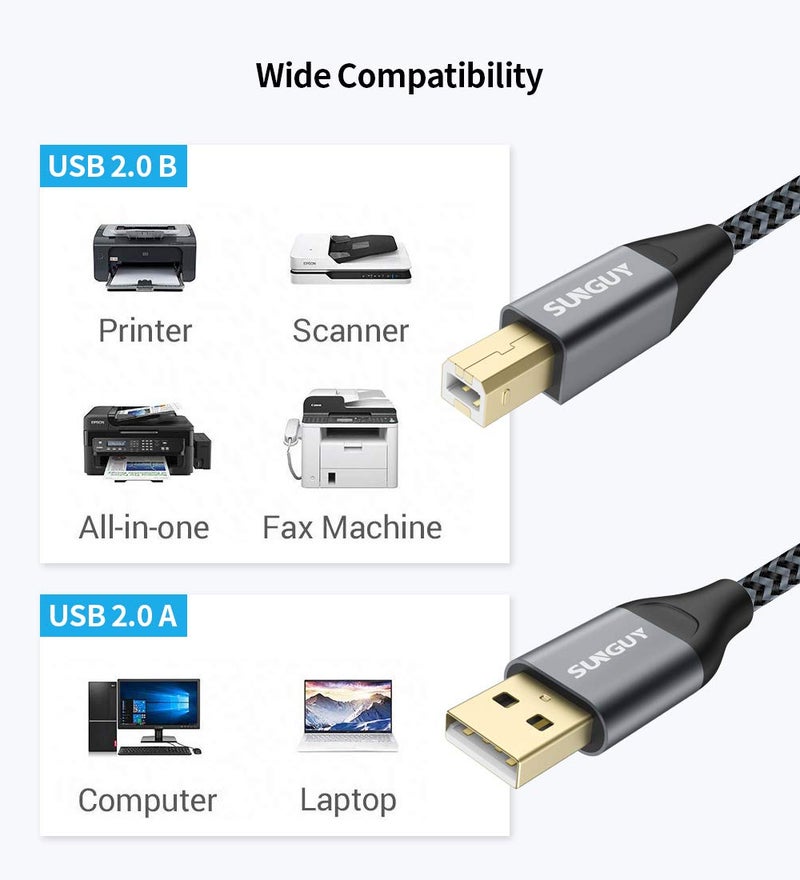 Treated anti-rust metal Printer Cable 0.5M/1.5FT,USB 2.0 USB A to B Printer Cable Nylon Type B Cord Compatible with Lexmark, Dell, HP, Canon, Xerox, Brother and More - Grey Economical upgraded quality - Image 4