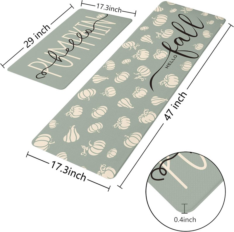 VivaNest Fall Autumn Pumpkin Sage Green Kitchen Rug Sets [2 PCs], Anti-Fatigue, Waterproof Non-Slip Kitchen Mats Heavy Duty Comfort Foam Rug for Kitchen, Floor, Laundry,17"x29"+17"x47" - Image 2