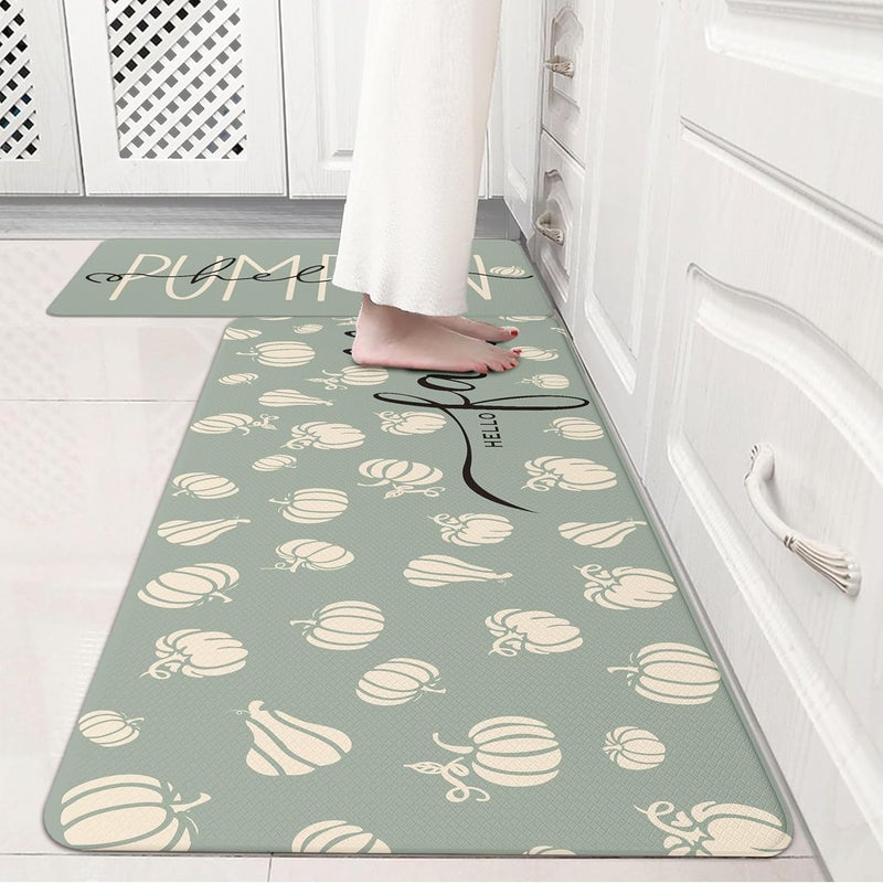 VivaNest Fall Autumn Pumpkin Sage Green Kitchen Rug Sets [2 PCs], Anti-Fatigue, Waterproof Non-Slip Kitchen Mats Heavy Duty Comfort Foam Rug for Kitchen, Floor, Laundry,17"x29"+17"x47" - Image 3