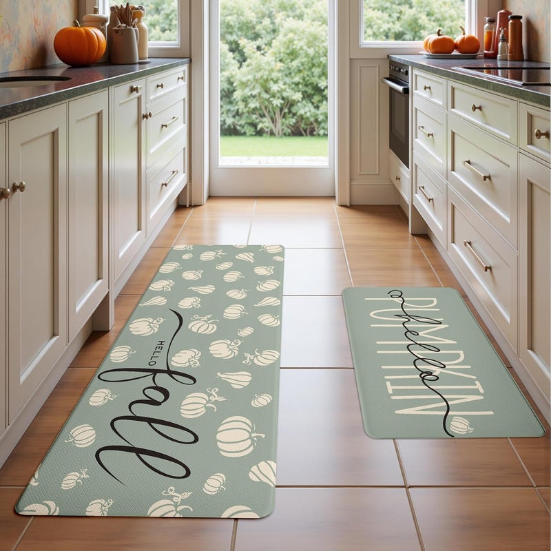 VivaNest Fall Autumn Pumpkin Sage Green Kitchen Rug Sets [2 PCs], Anti-Fatigue, Waterproof Non-Slip Kitchen Mats Heavy Duty Comfort Foam Rug for Kitchen, Floor, Laundry,17"x29"+17"x47" - Image 1