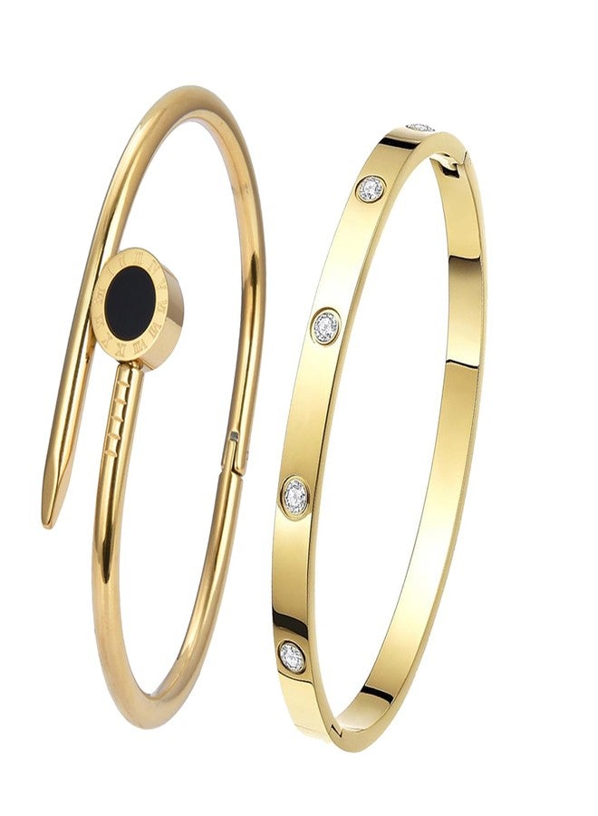Okos Gold Plated Fashion Jewellery Stainless Steel Anti Tarnish Cuff Band Style Bangle Bracelet And Nail Style Combo Pack of 2 with White CZ Stones For Girls and Women CO1000482GLD - Image 1