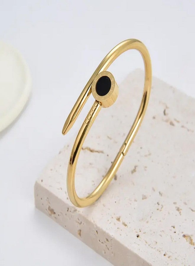 Okos Gold Plated Fashion Jewellery Stainless Steel Anti Tarnish Cuff Band Style Bangle Bracelet And Nail Style Combo Pack of 2 with White CZ Stones For Girls and Women CO1000482GLD - Image 2