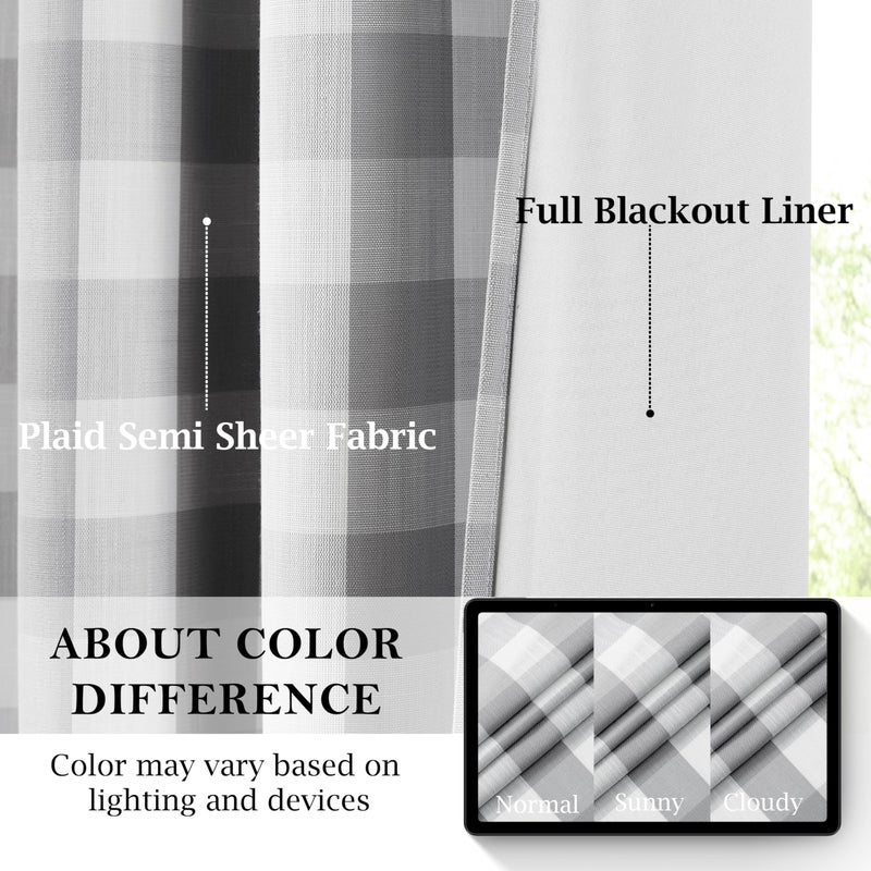 Bapawfish Grey White Buffalo Plaid Bedroom Curtain Panels 84 Inches Long,Farmhouse Full Blackout Drapes with Liner,Thermal Insulated Window Treatment for Living Room,Rod Pocket Back Tabs,40" Wx84 Lx2 - Image 2