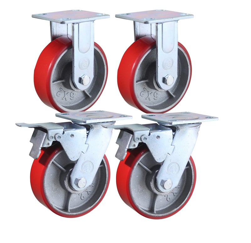 Foghorn Construction 6 Inch - 6" X 2" Industrial Casters - 2 Fixed and 2 Swivel Caster Wheels with Brakes - Cast Iron Plate Casters Set of 4 Heavy Duty - 3500 lb Capacity - Foghorn Construction - Image 1
