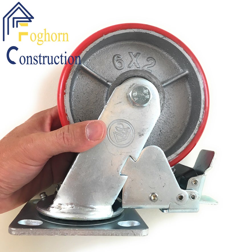 Foghorn Construction 6 Inch - 6" X 2" Industrial Casters - 2 Fixed and 2 Swivel Caster Wheels with Brakes - Cast Iron Plate Casters Set of 4 Heavy Duty - 3500 lb Capacity - Foghorn Construction - Image 2
