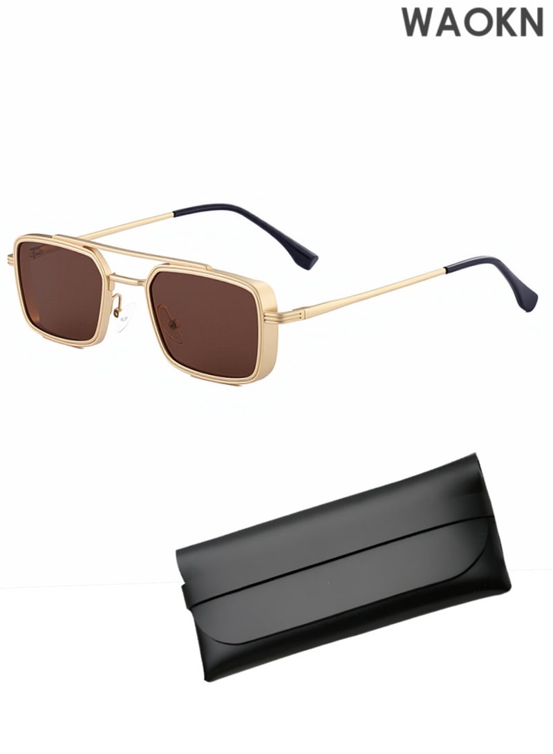 WAOKN Vintage Small Rectangle Steampunk Sunglasses Men Luxury Punk Polygon for Man Classic Metal Frame Sunglasses Men's Retro Thick Edge Fashion Metal Box Trendy Sunglasses Classic Square Sports Sun Glasses Driving. - Image 1