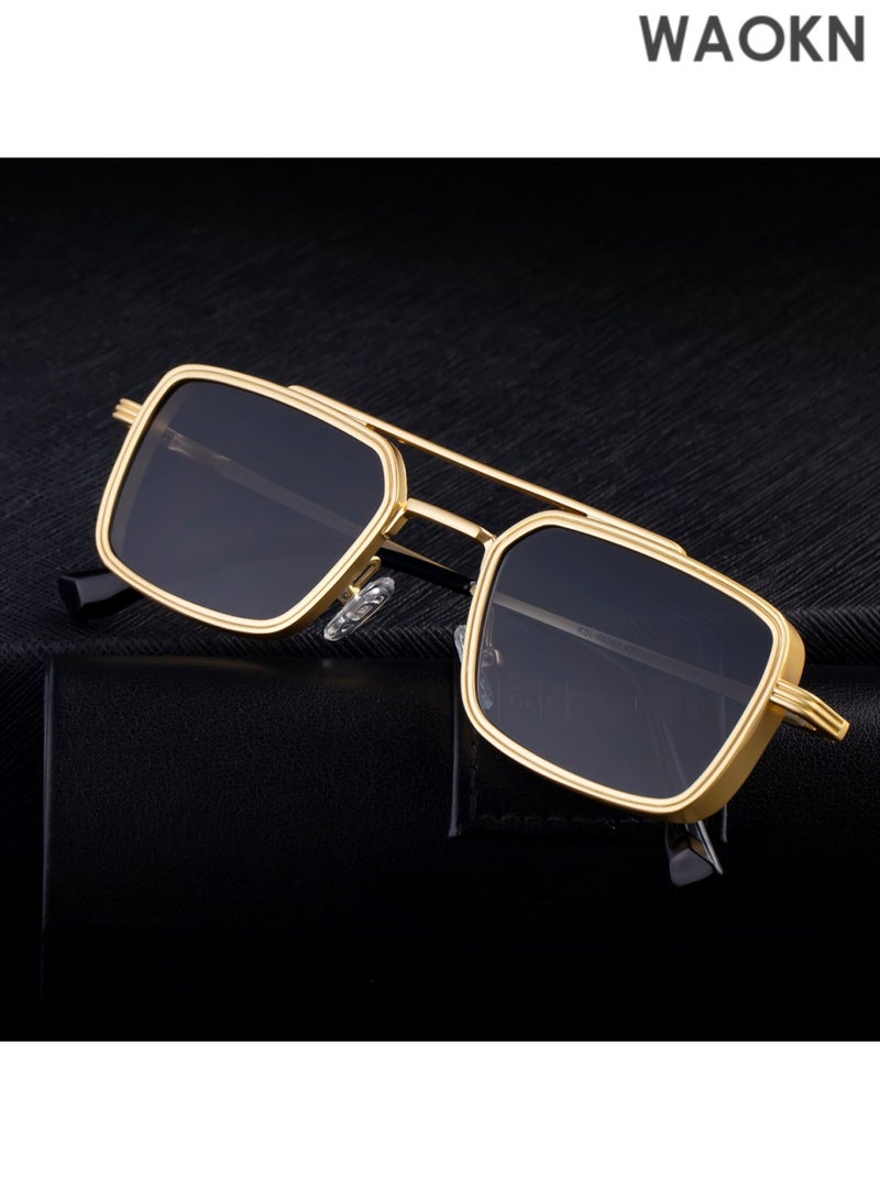 WAOKN Vintage Small Rectangle Steampunk Sunglasses Men Luxury Punk Polygon for Man Classic Metal Frame Sunglasses Men's Retro Thick Edge Fashion Metal Box Trendy Sunglasses Classic Square Sports Sun Glasses Driving. - Image 2