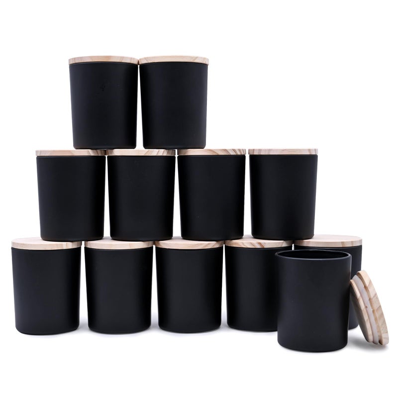 SHOWIN Thick Candle Jars for Making Candles 12 Pcs 7 OZ Empty Jars with Wood Lids for Candle Making Sample Container Matte Black