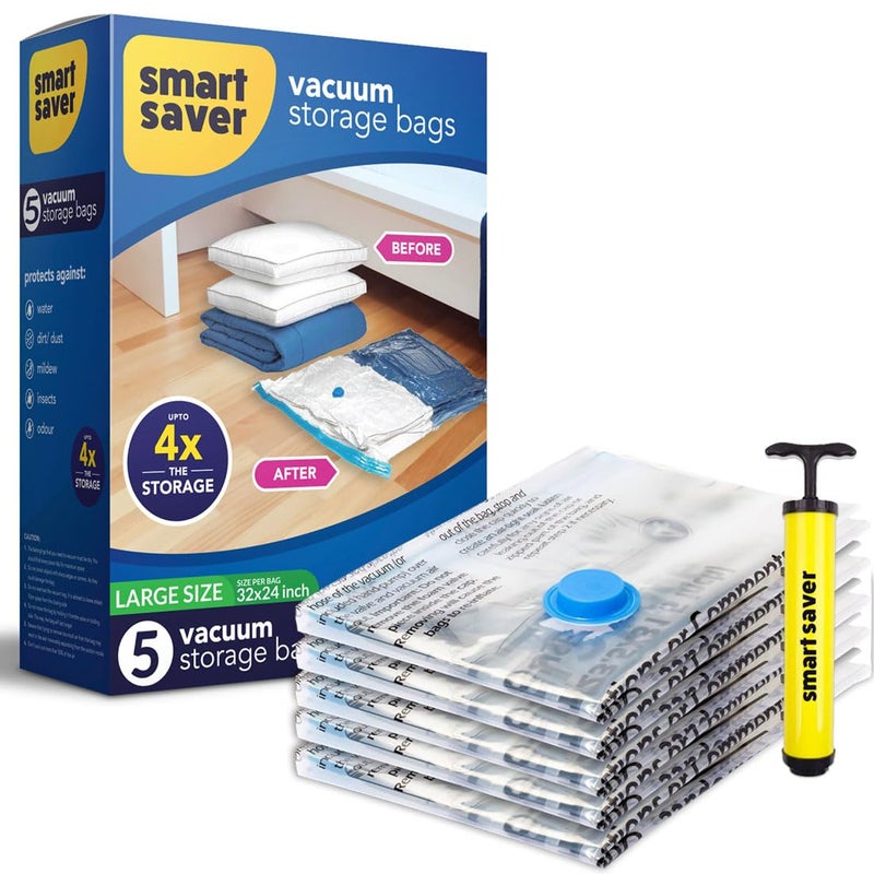 Smart Saver 5 أكياس فراغ كبيرة للملابس مع مضخة للملابس، التعبئة، البطانيات، أكياس تخزين ضغط الفراغ بسحاب مع مضخة يدوية، أكياس تعبئة محكمة الإغلاق قابلة لإعادة الاستخدام للسفر - Image 1