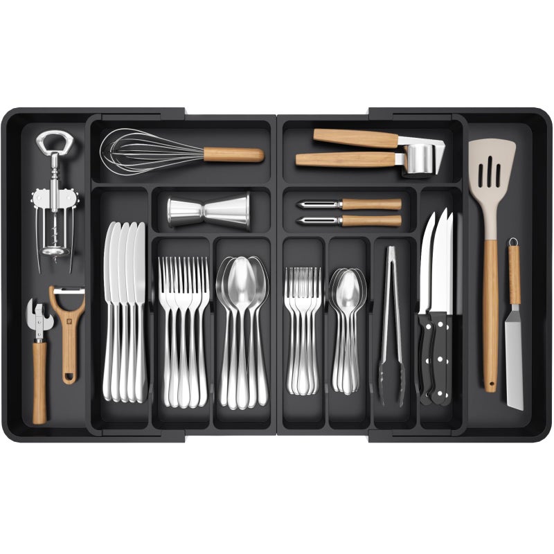 Lifewit Large Silverware Drawer Organizer Expandable From 21 to 36 Inches BPA Free Plastic Utensil Tray for Kitchen Adjustable Flatware and Cutlery Holder for Spoons Forks Knives Black