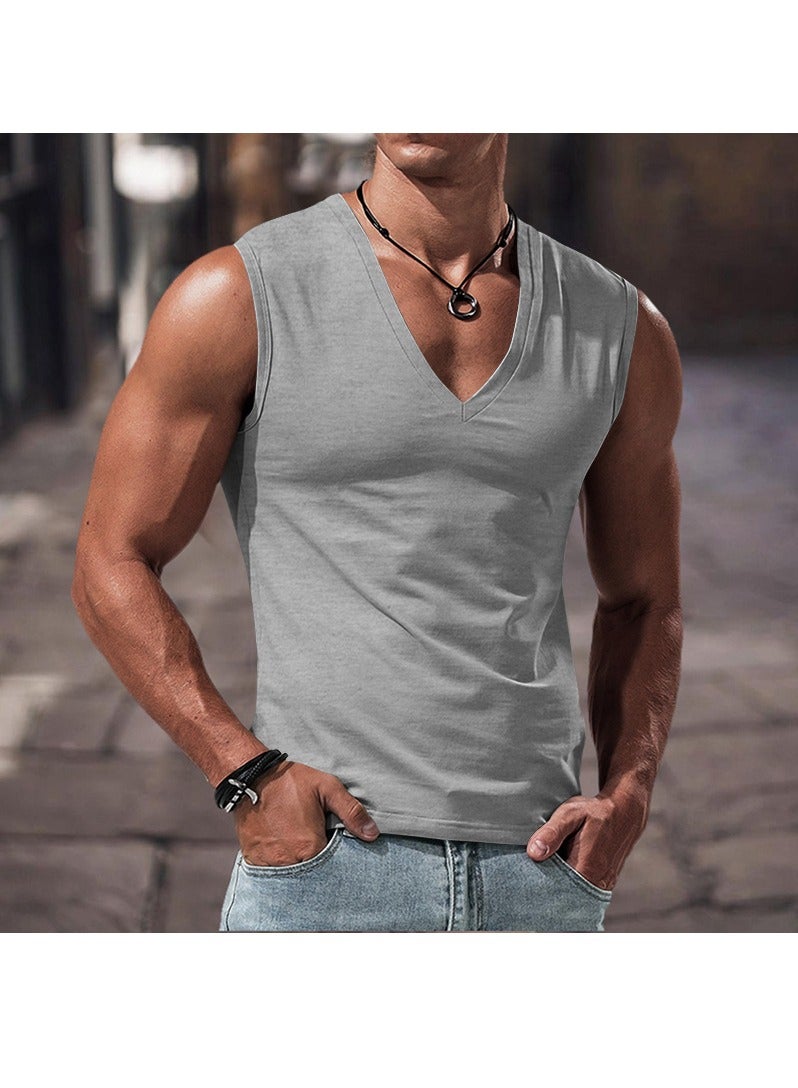 KUYING Summer Men's Solid Color Large V-neck Lloose Casual Sports Vest