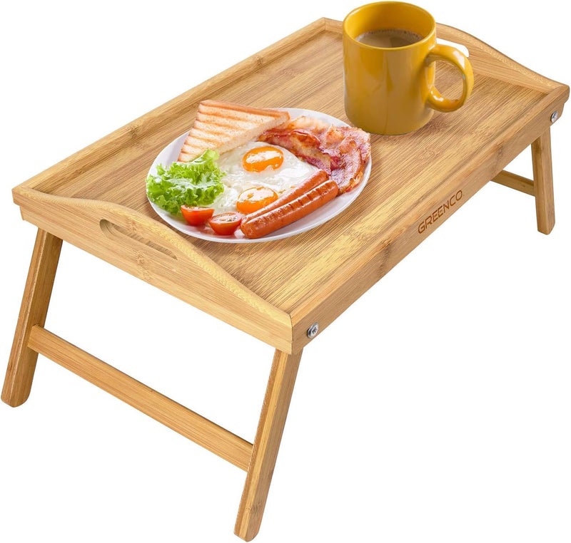 Greenco Bamboo Breakfast Tray Folding Legs with Handles, Bed Tray Table foe Sofa, bed, Eating, Drawing, Serving, Working, Snacking, use As Laptop Desk, 17.75" L x 12" W - Image 1