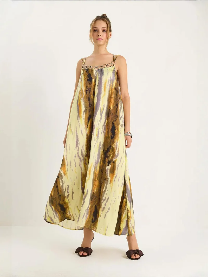 Bianco Lucci LUCCI Printed Maxi Dress with Square Collar and Split