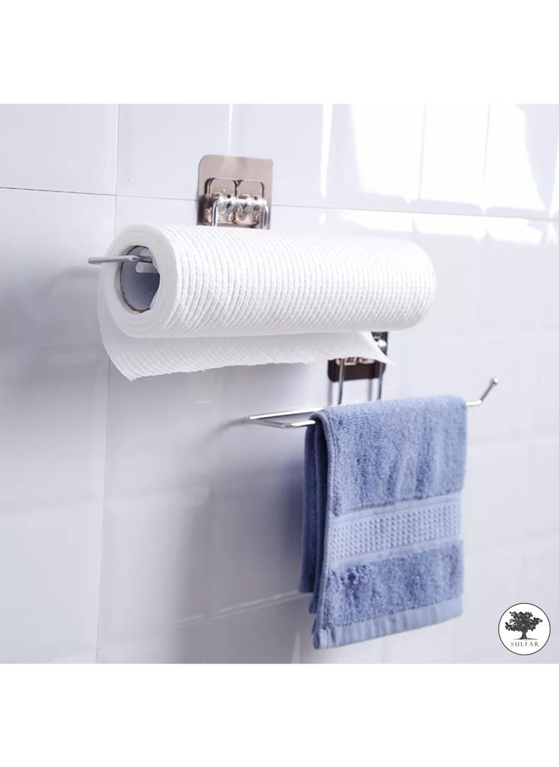 sulfar - Sulfar Paper Towel Holder with Magic Adhesive Pad, Kitchen Paper Roll Holder Wall Mount, Stainless Steel Self Adhesive Wall Mount Towel Bar for Kitchen Bathroom (Silver) - Image 1